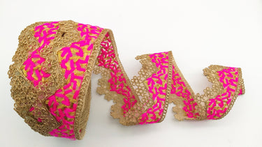 Gold Sheer Tissue Fabric Cutwork Trim with Embroidery in Gold and Fuchsia Pink, Scallop Trim, Fringe Trim